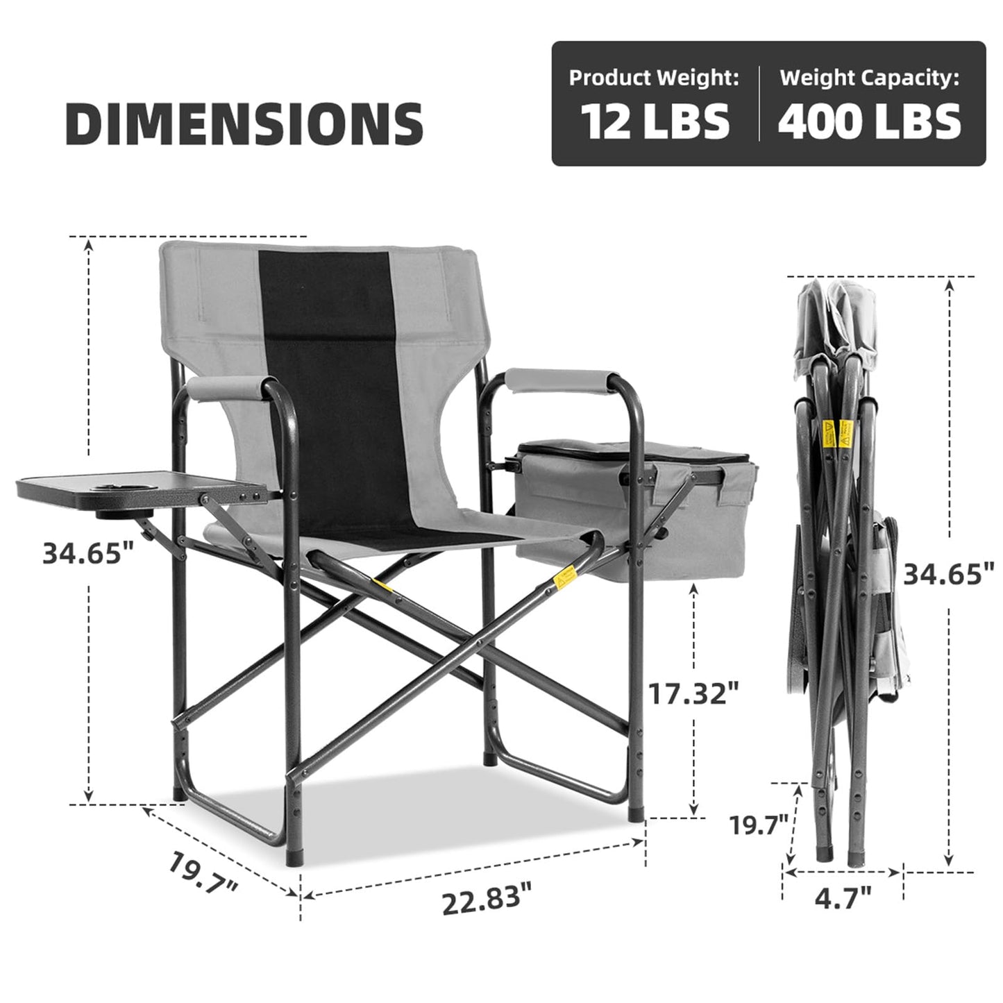 Foristrail Director Camping Chair with Cooler Bag & Foldable Side Tray - 400lbs Heavy Duty Outdoor Folding Lawn Chair, Portable Camp Chair for Fishing/Backyard (Black & Gray)