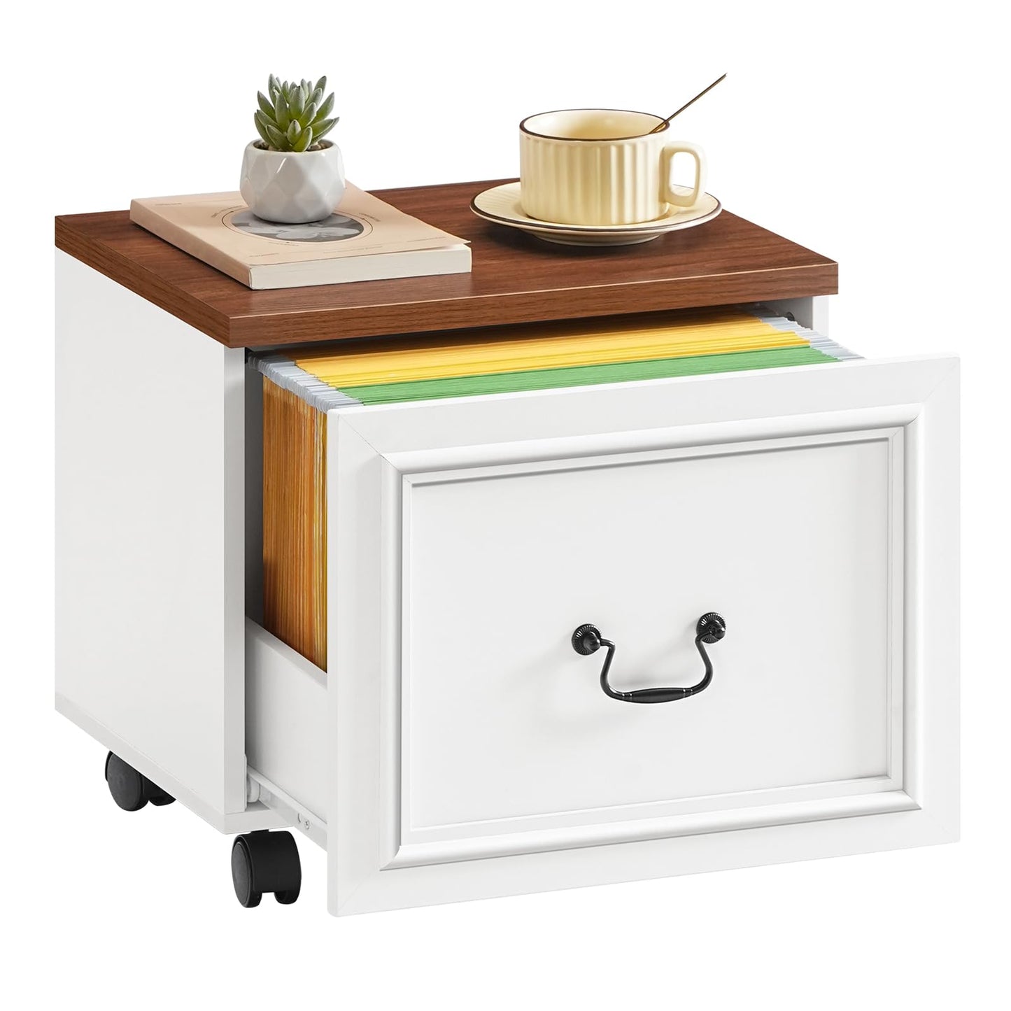 MAHANCRIS 1 Drawer File Cabinet, Rolling File Cabinet for Home Office, Wooden Under Desk Storage, Printer Stand with Drawers, for A4/Letter-Size Files, White and Walnut FCBA3701