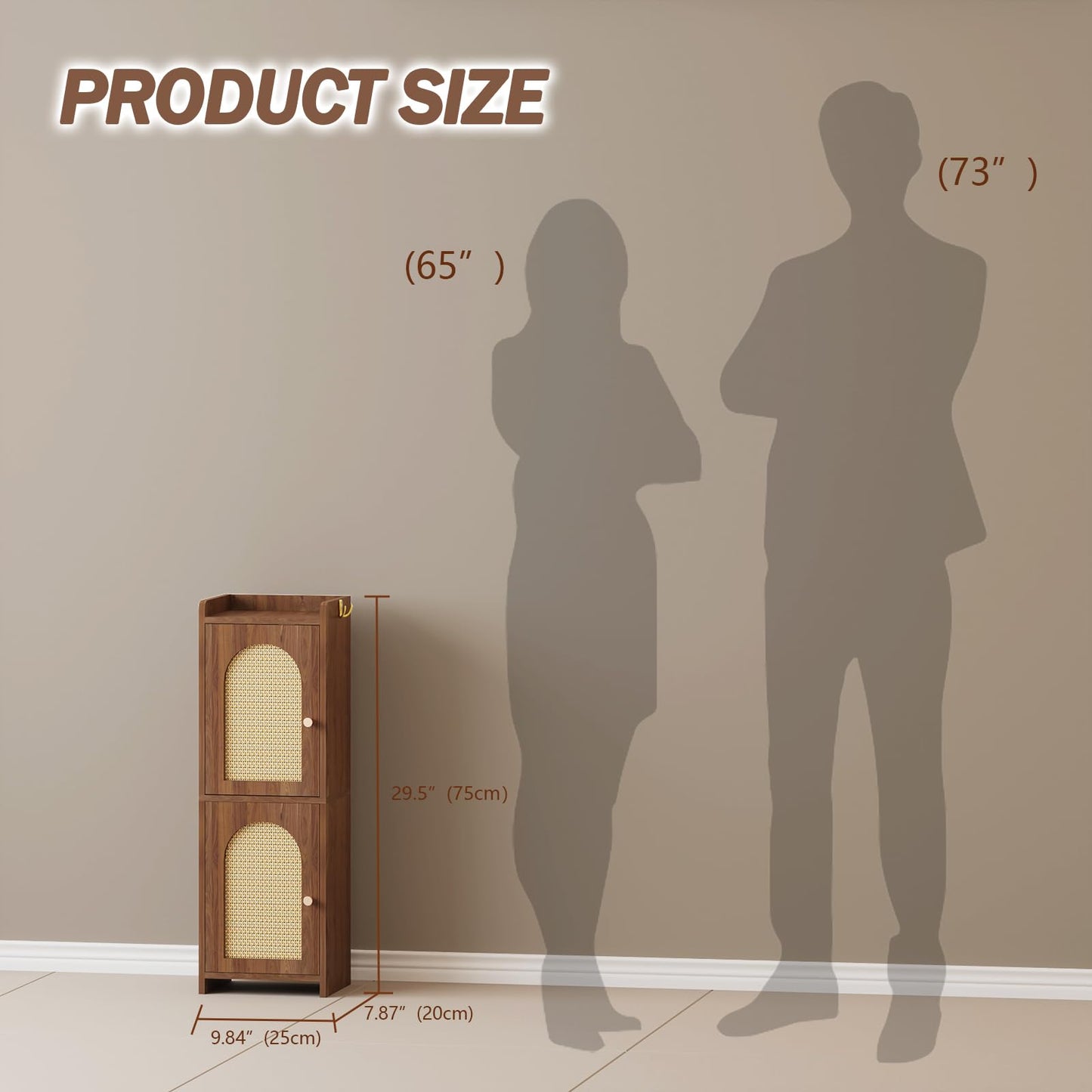 Rattan Bathroom Storage Cabinet,Corner Floor Cabinet with 2 Doors and Adjustable Shelf, Narrow Toilet Paper Cabinets with 2Hooks,Toilet Organizer for Small Spaces,7.87"D*9.84"W*29.72"H （Brown）
