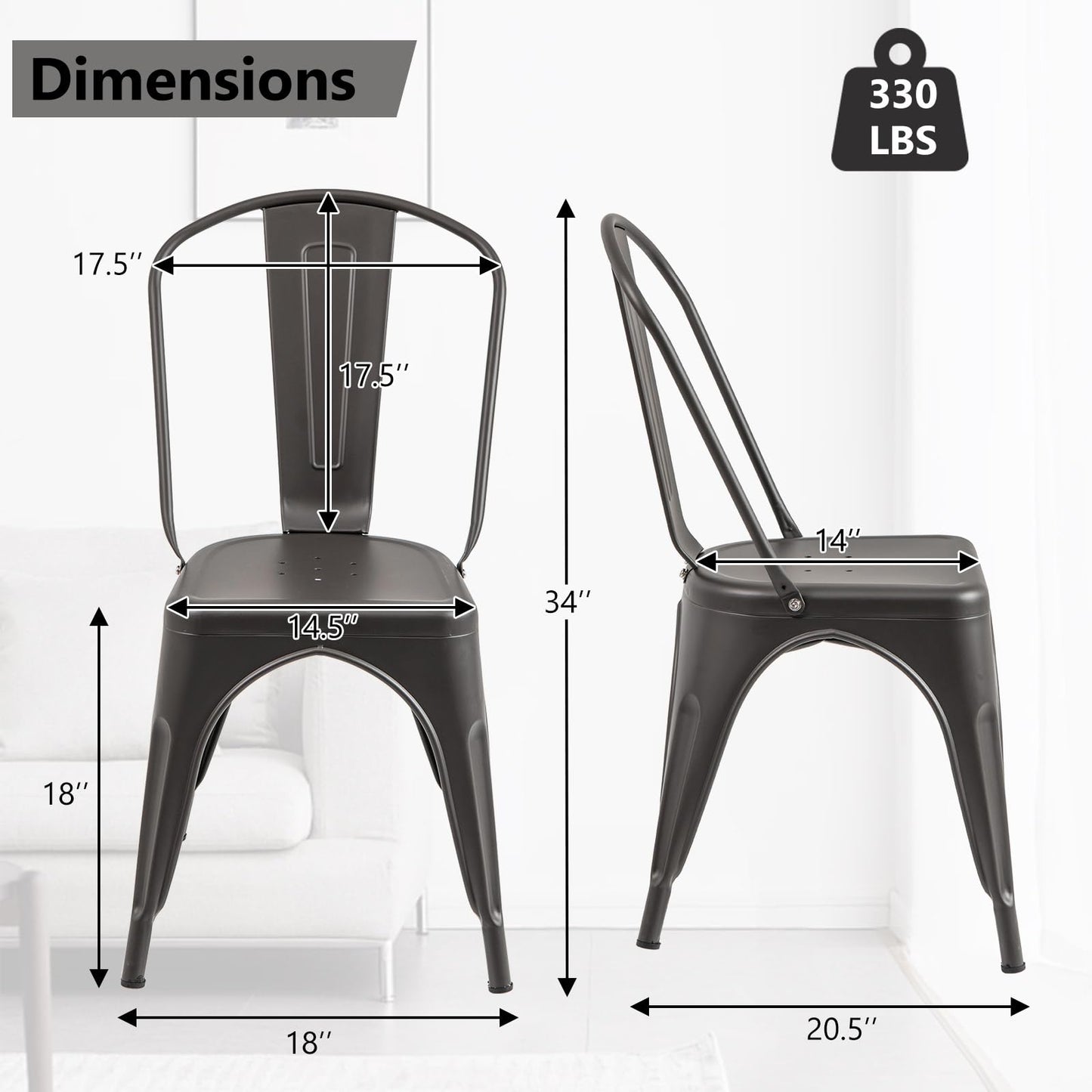 COSTWAY Metal Dining Chairs Set of 4, 18 Inch Stackable Industrial Kitchen Tolix Side Chairs with Detachable High Back for Dining Room, Cafe, Restaurant, Bistro (Bronze)