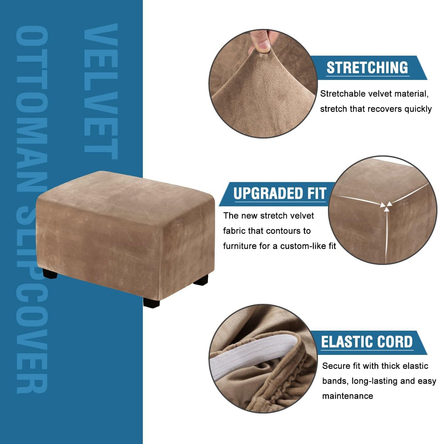 H.VERSAILTEX Real Velvet Plush 1 Piece Form Fit Stretch Rectangle Folding Storage Covers Ottoman Slipcovers Removable Footstool Protect Footrest Covers Elastic Bottom, Machine Washable(Large, Camel)