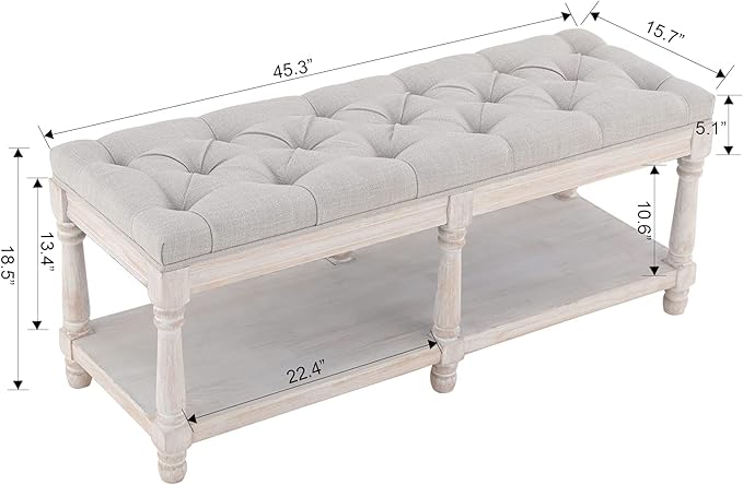 Farmhouse Storage Bench Wooden Entryway Upholstered Tufted Ottoman Bench