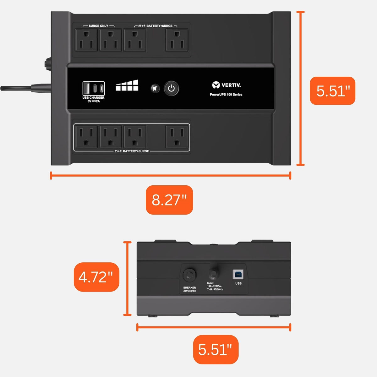 Vertiv Liebert PowerUPS 100 UPS, PST6-1100LVMT, 1100VA/670W 120V Standby Power, 8 Outlets, Battery Backup with Surge Protection, USB C+A Charging, 3 Year Warranty, User Replaceable Batteries