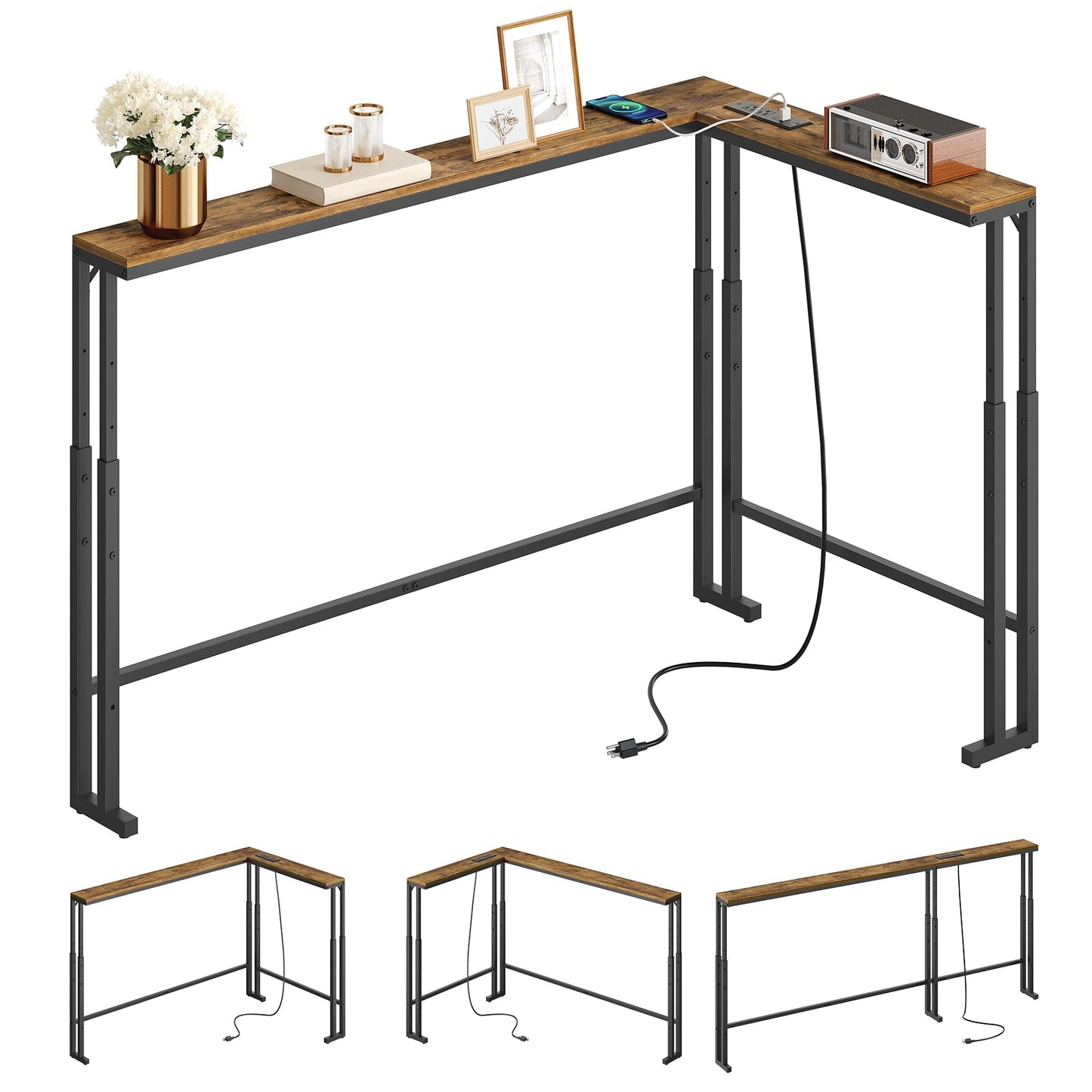 YATINEY 78.7" Narrow Console Table with Adjustable Height (27.6"-35.4"), L Shaped Sofa Table Narrow Long, Skinny Behind Couch Table with USB-C Ports, 5.9" Wide Sofa Side Table, Rustic Brown CT29UBR