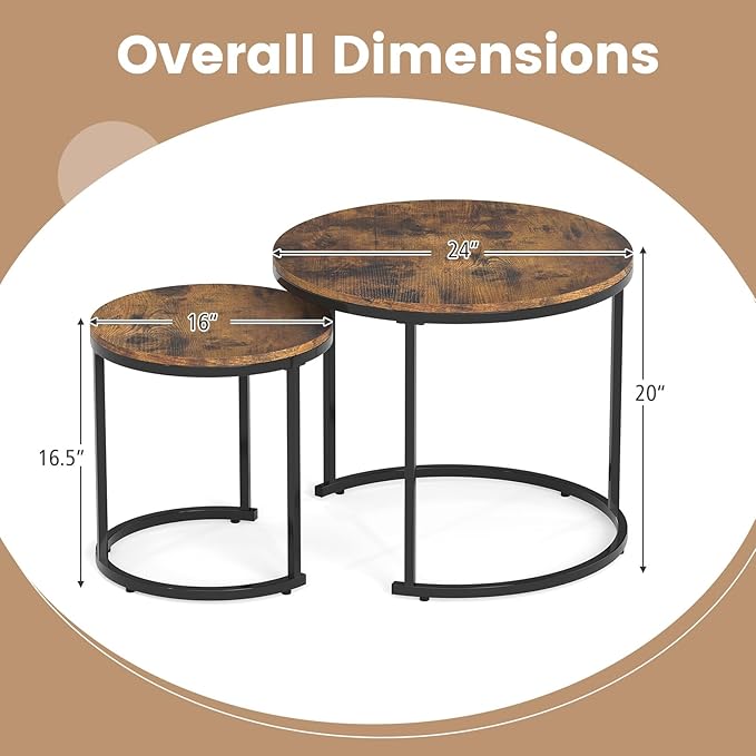 Giantex Nesting Coffee Table Set of 2, Round Stacking Side Tables w/Wooden
