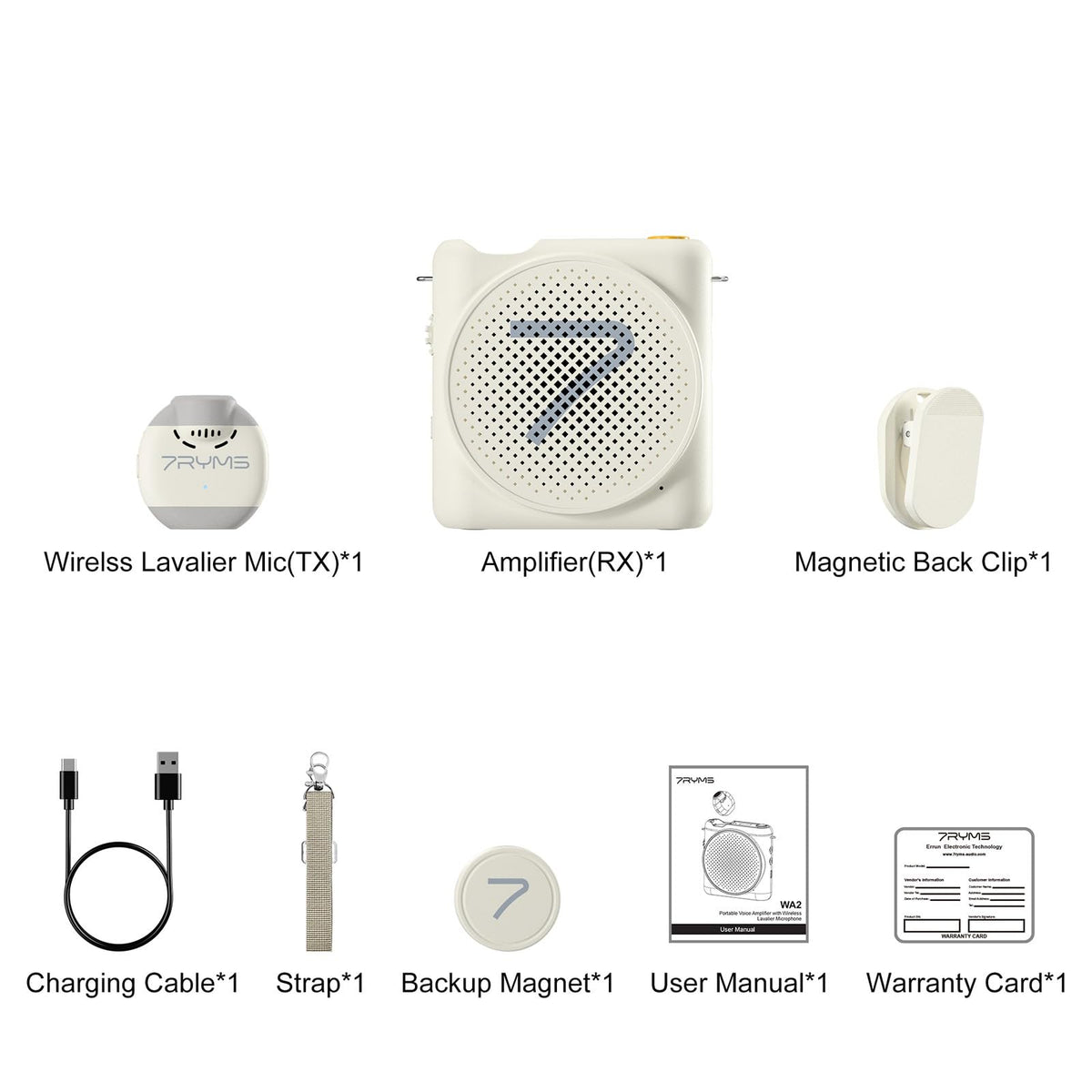 7RYMS WA2 Voice Amplifier for Teachers with Wireless Lavalier Microphone,Portable Speaker for Classroom,Speech,Training Outdoor,Mini Speaker Clip-On Mic- Noise Canceling,164ft Range,23H Working-White