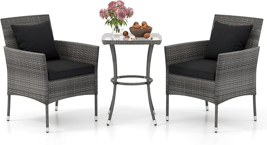 Tangkula 3-Piece Patio Furniture Set, PE Wicker Conversation Bistro Set w/A