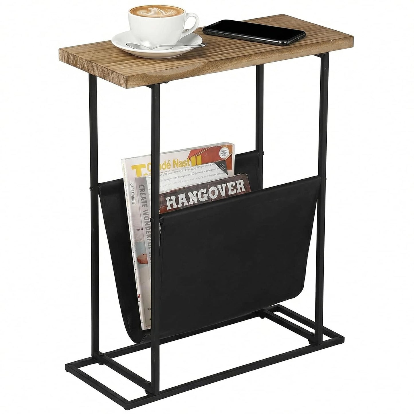 MyGift 21-Inch Modern Narrow Living Room End Table with Solid Burnt Wood Tabletop and Black Metal Frame, Bedroom Nightstand Side Table with Magazine Holder Sling