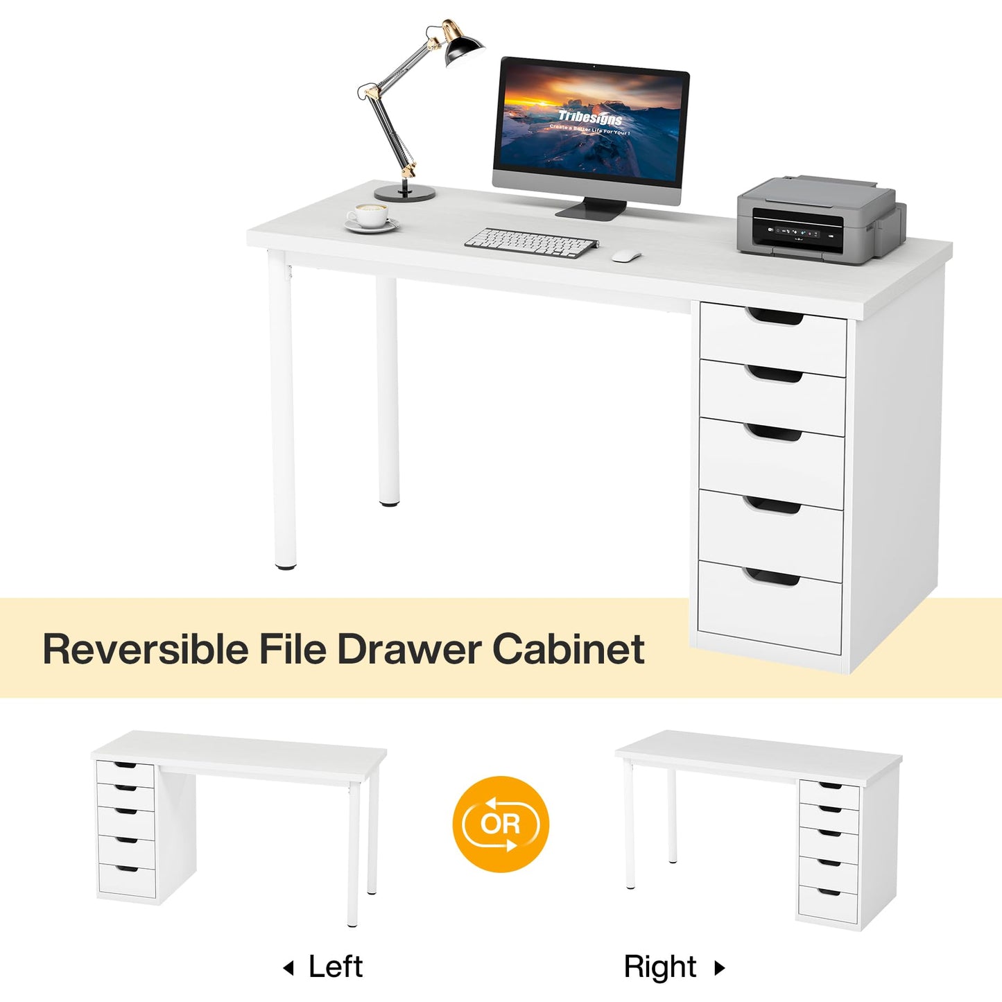 Tribesigns Computer Desk with 5 Drawers, 47 inches Rustic Brown Home Office Desk with Storage, Modern Simple Laptop Desk Study Writing Table for Small Spaces (1, White)