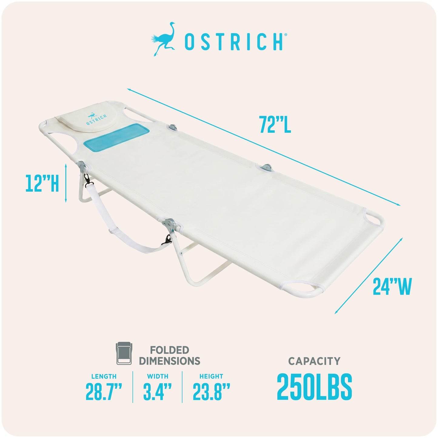 Ostrich the Ladies Comfort Lounger with Chest Support, Foldable and Portable Reclining Outdoor Patio Beach Lawn Camping Pool Tanning Chair, White