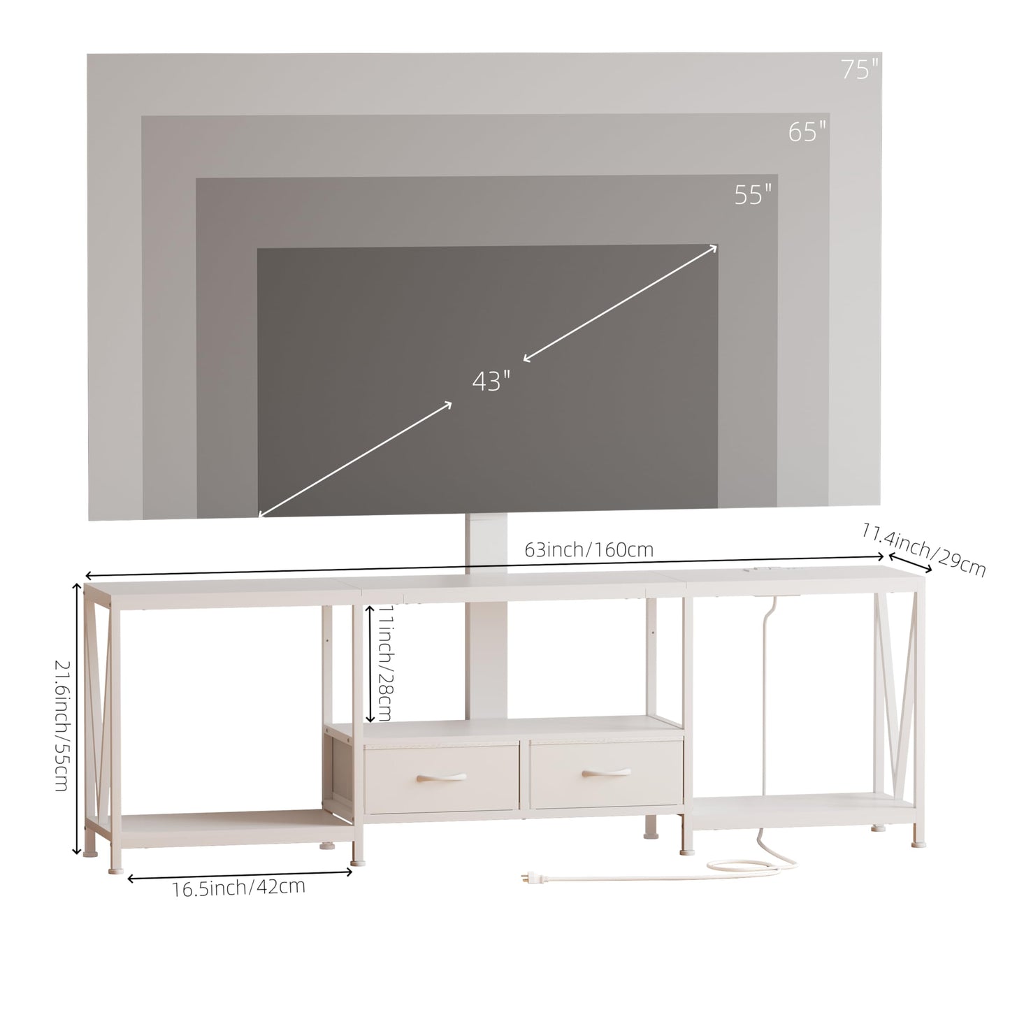 NinPeen 63" W TV Stand with Mount for 55,65,75" TV,Entertainment Center with Power Outlet and Led Lights,Height Adjustable TV Console Table with Open Storage Shelves and Fabric Drawers (White, 63" W)