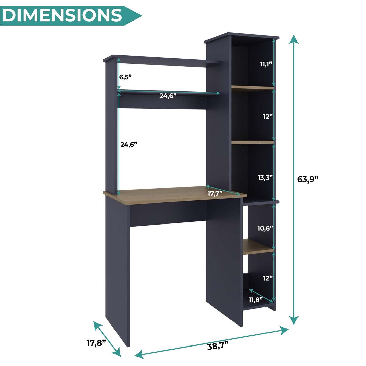 TUHOME Versalles Writing Desk with Large Monitor Shelf,Keyboard Tray and Five Side Open Storage Compartments,Modern Space-Saving Office Desk for Studios,Workspaces or Bedrooms, Functional Organization