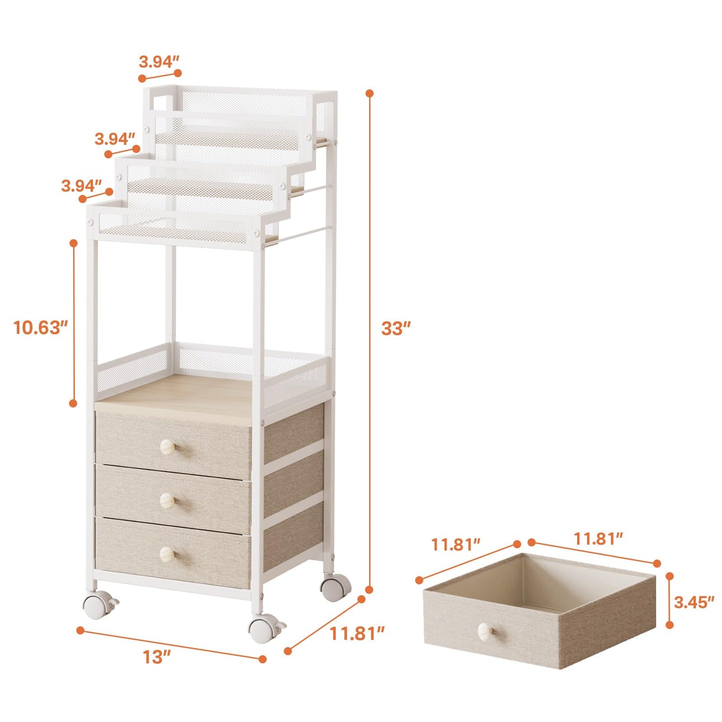 FURFUN Makeup Organizer Storage with Drawers, 13 Inch Bathroom Stand Large Floor Rolling Skincare Organizer Cart, 3-Tier Vanity Tray Stand for Cosmetics, Nail Polish, Perfume Display Cases Holder