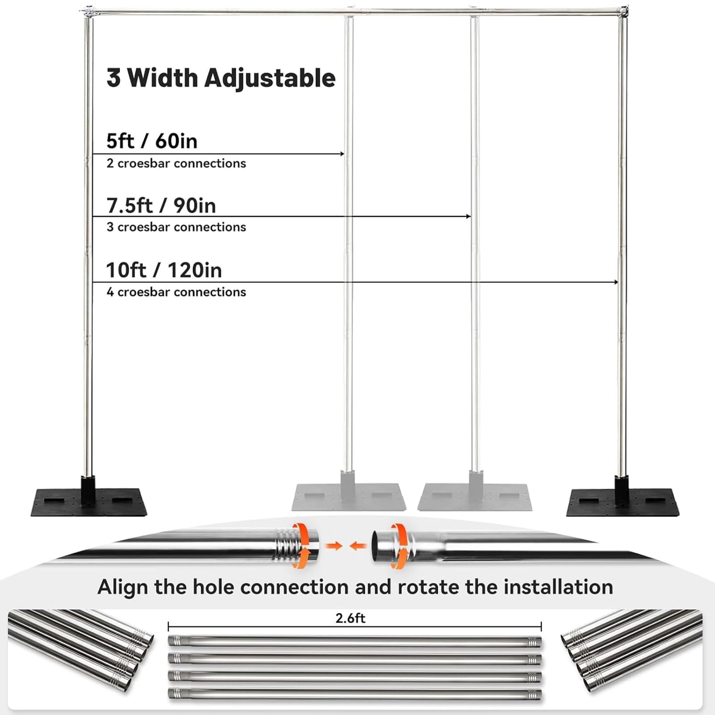 Heavy Duty Pipe and Drape Frame Kit 10x10ft Adjustable Height/Width Photography Background Support Poles All-Metal Construction Backdrop Stand for Party, Birthday, Wedding - Silver