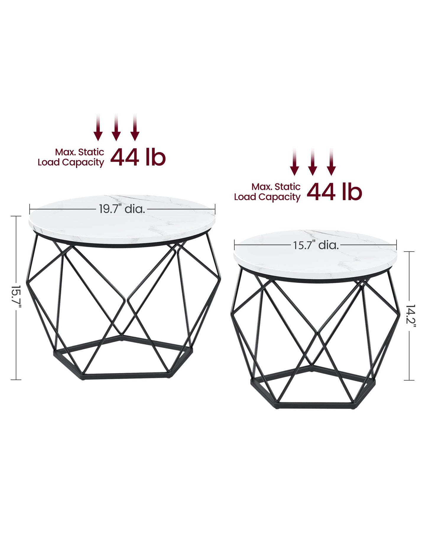 VASAGLE Small Coffee Table Set of 2, Round Coffee Table with Steel Frame, Side End Table for Living Room, Bedroom, Office, Marble White and Ink Black