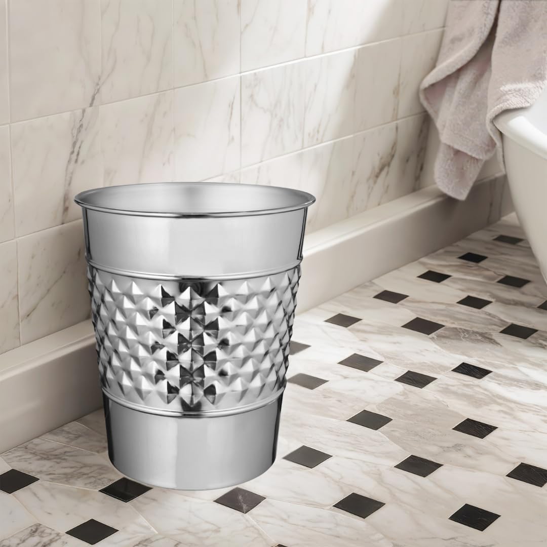 Monarch Abode Metal Bathroom Trash Can – Waste Basket for Bedroom, Office Desk, & Dorm, Handcrafted Geo Embossed, Durable Decorative Nickel Chrome Small Trash Can Bathroom Garbage Bin Wastebasket