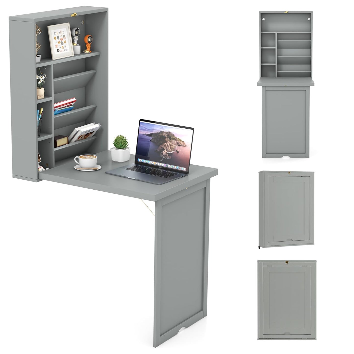 GOFLAME Wall Mounted Folding Desk with 3-Tier Tilt Storage Partition and Adjustable Shelves, Space-Saving Convertible Writing Desk for Home Office, Gray