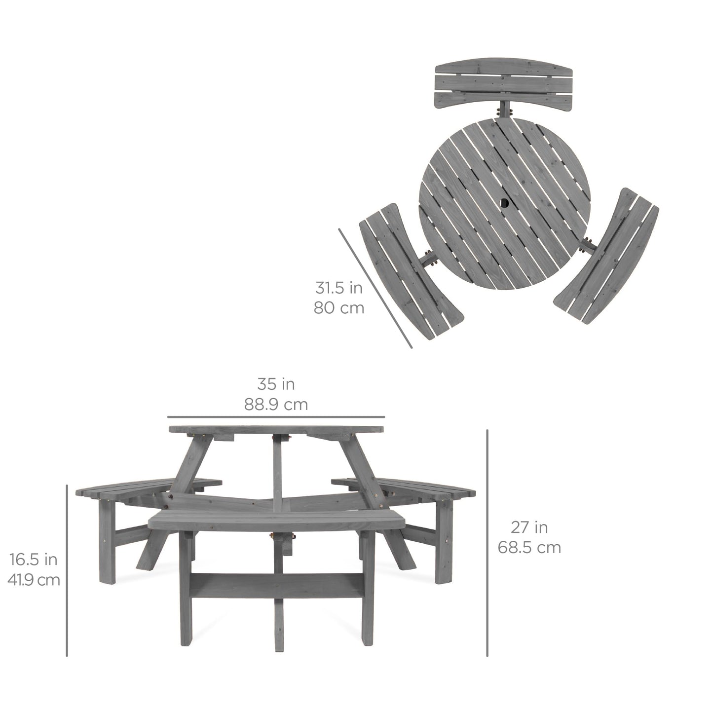 Best Choice Products 6-Person Circular Outdoor Wooden Picnic Table for Patio, Backyard, Garden, DIY w/ 3 Built-in Benches, 500lb Capacity - Gray