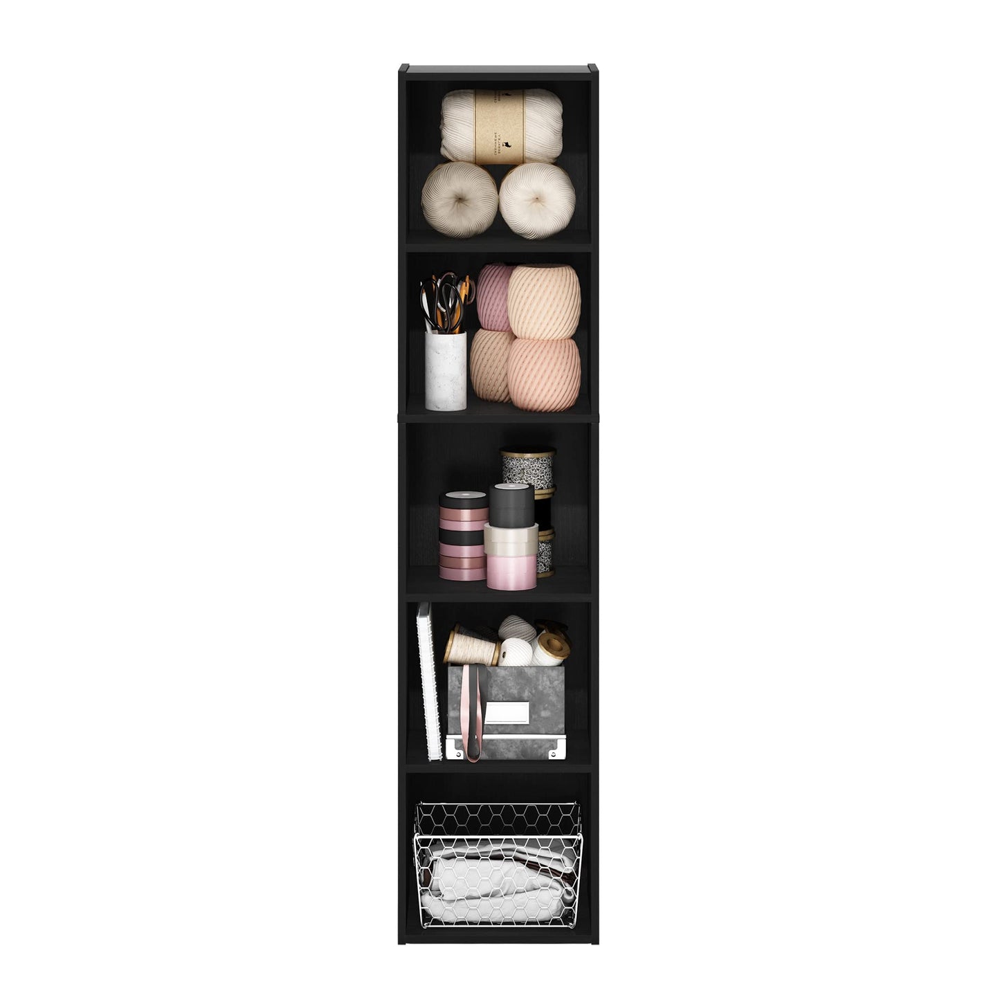 Furinno PASIR Book Shelf, 5-Tier Modern Bookshelf, Open Shelves Bookcase 9 x 12 x 52, Easy Assembly, for Living Room, Bedroom, Home Office, Blackwood