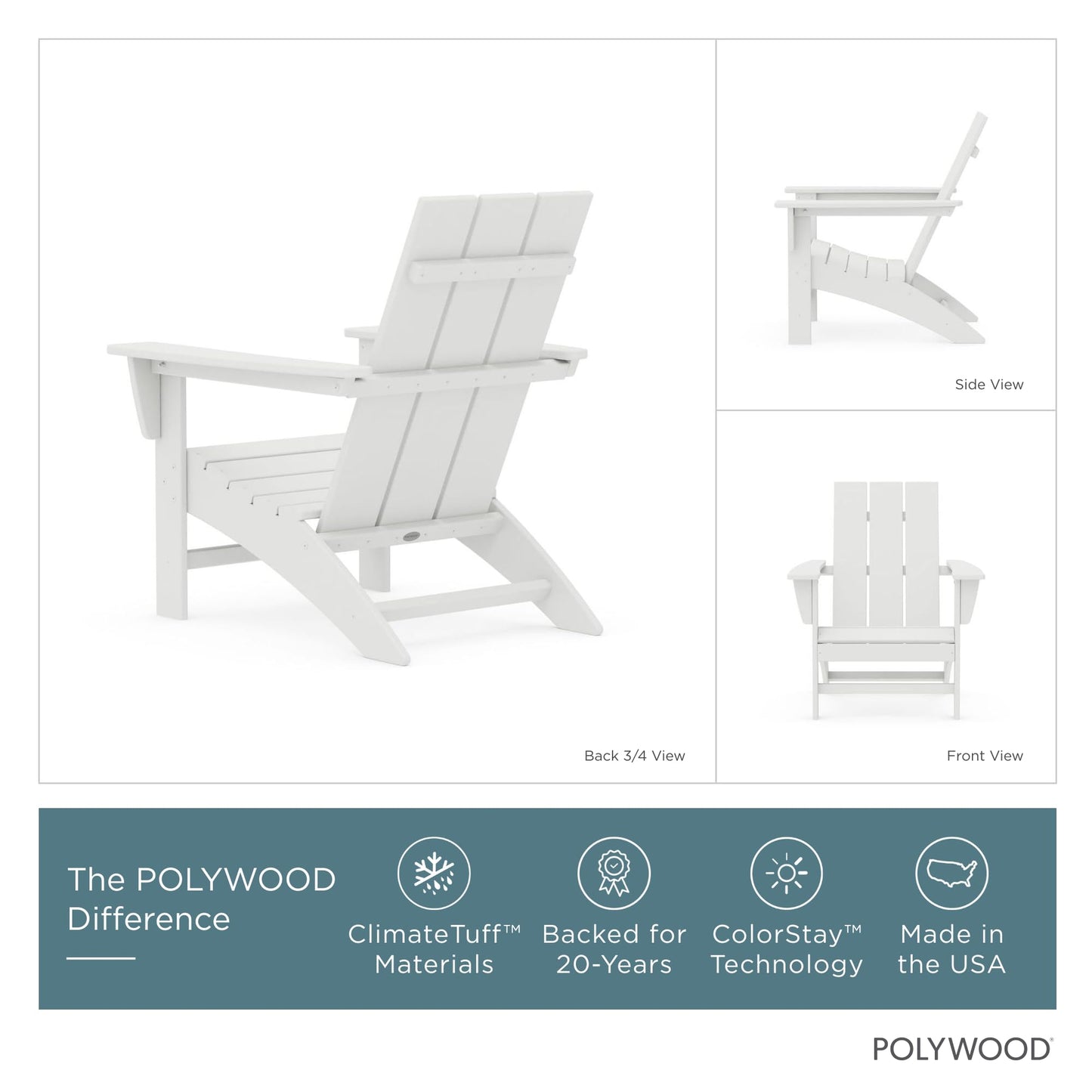 POLYWOOD Modern Adirondack Chair – All-Weather Outdoor Lawn Adirondack Chairs – HDPE, Fade-Resistant & Durable Outdoor Furniture – For Patio, Deck & Fire Pit Chairs – White