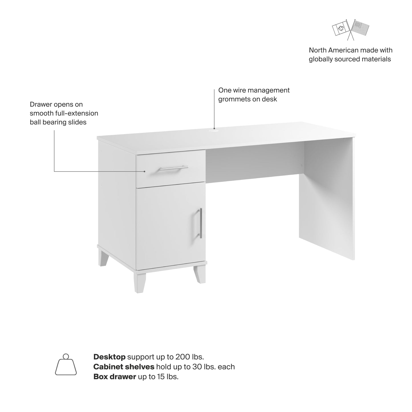 Bush Home 54-Inch Office Desk with Drawer and Storage Cabinet, Computer Desk with Box Drawer and Adjustable Shelf, Home Office Workstation Furniture, Somerset Collection, White