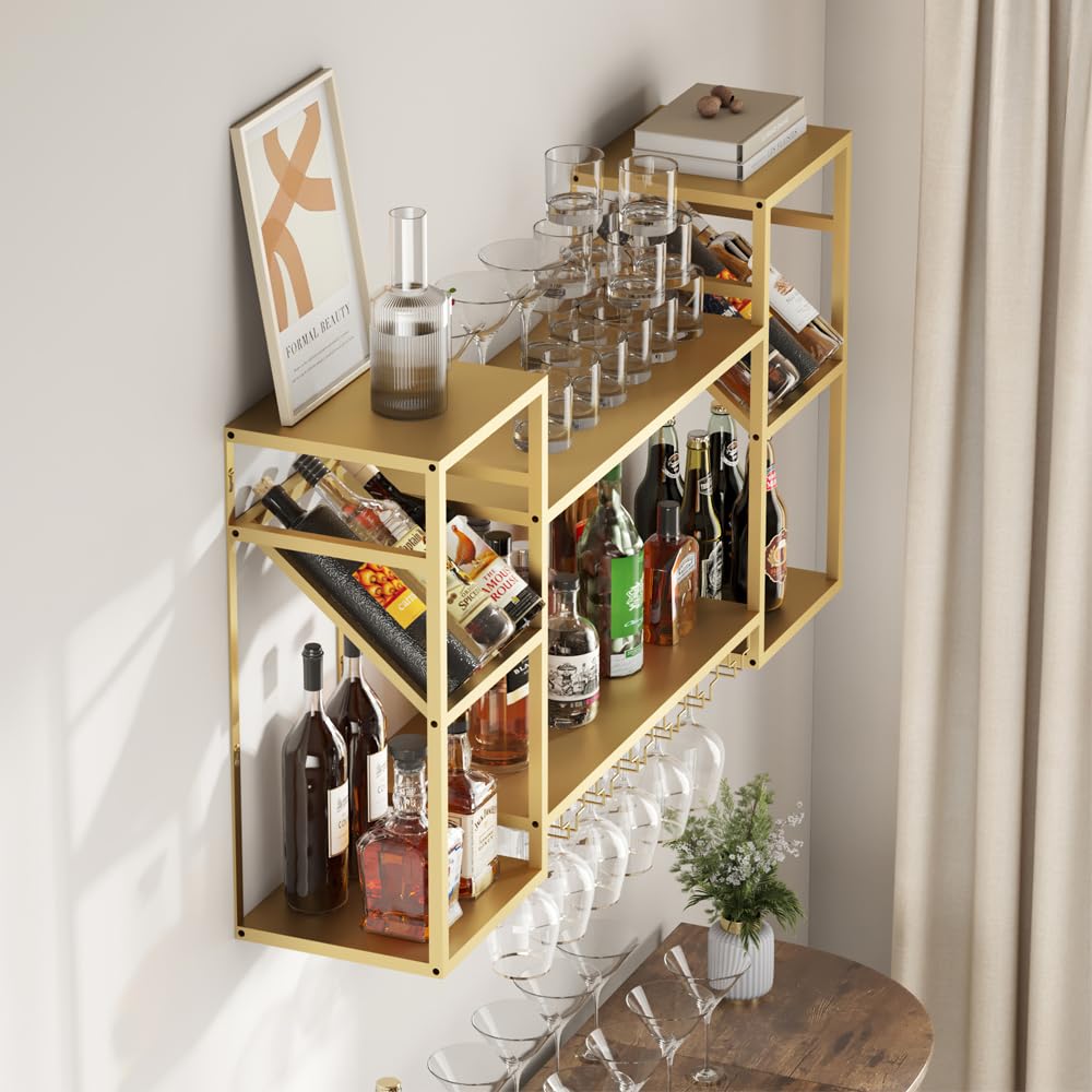 KaKaBB Metal Floating Bar Liquor Shelves 2 Tier, Wall Mounted Wine Rack with Glass Holder Storage, Wall Bar Shelf Wine Display Storage Holder for Kitchen Dining Room(Gold)
