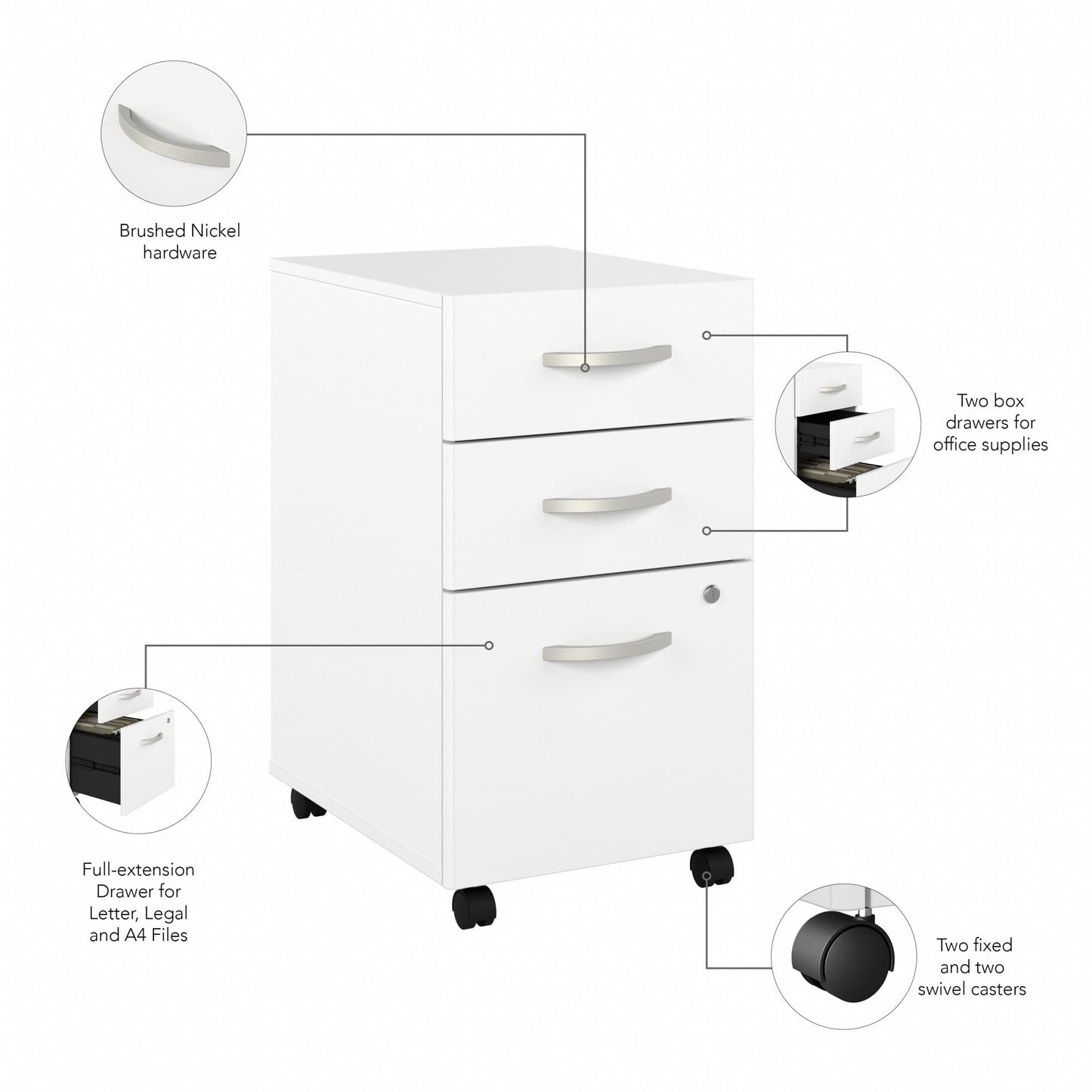 Bush Business Furniture Studio C 3 Drawer Mobile File Cabinet in White | Assembled Office Storage Unit for Home or Commercial Spaces