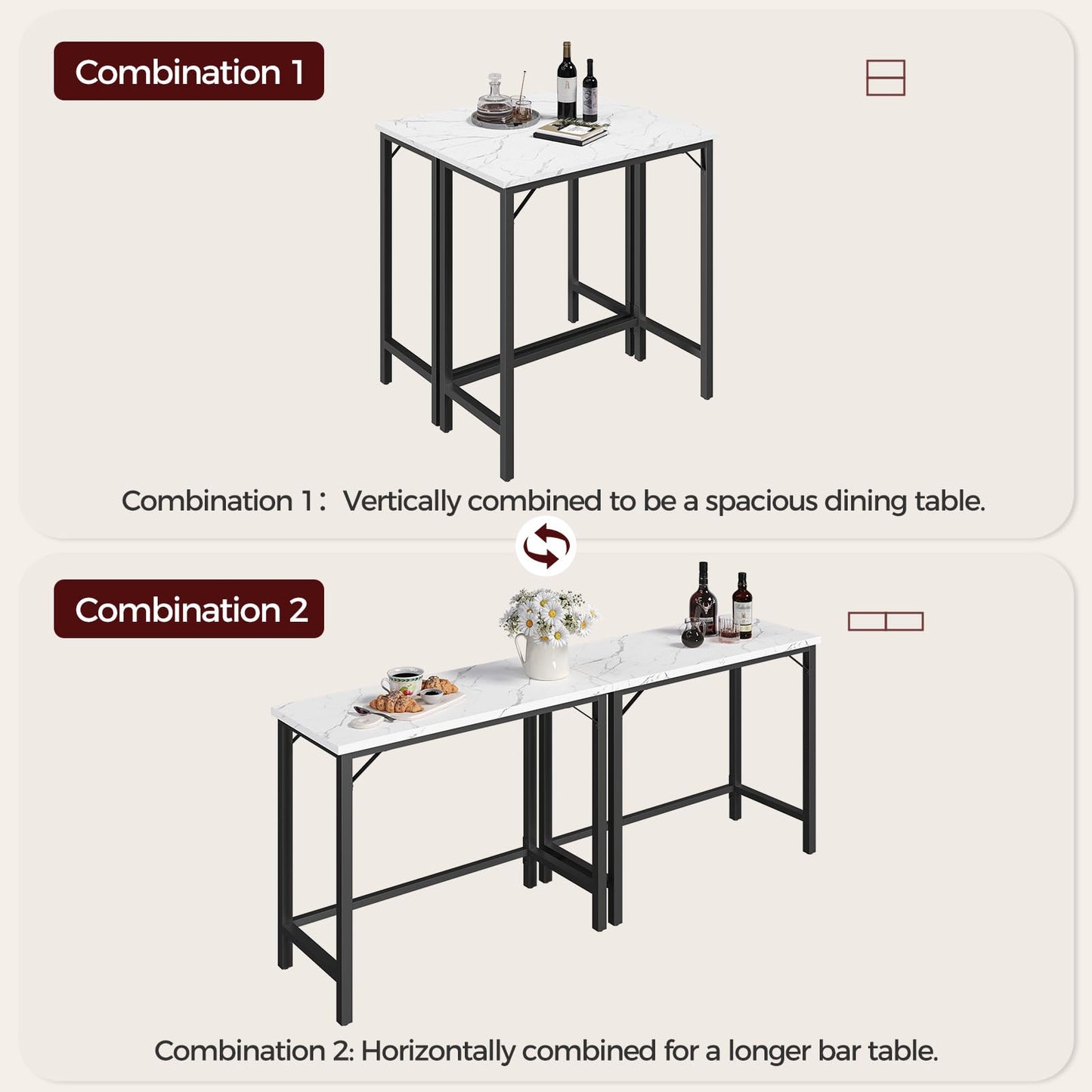 MAHANCRIS Narrow Bar Table, 63-Inch Pub Table for Dining Room, Counter Bar Tables with Sturdy Metal Frame, Connectable Bar Table, Multifunctional Console Table, Marble and Black BTHM1601