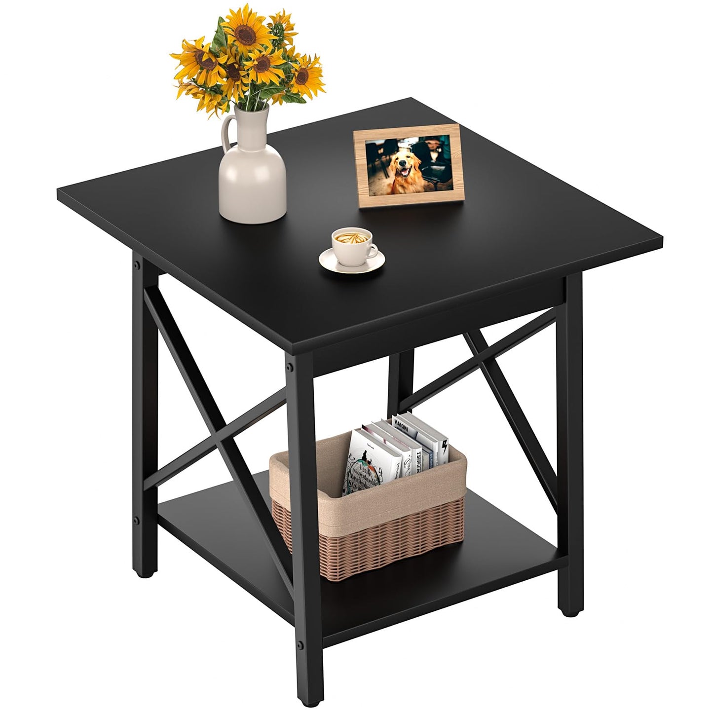 GreenForest Square End Table for Living Room, 24 Inch Large Side Table with X-Frame, Farmhouse Tall Bedside Nightstand with 2-Tier Storage Shelf, Black