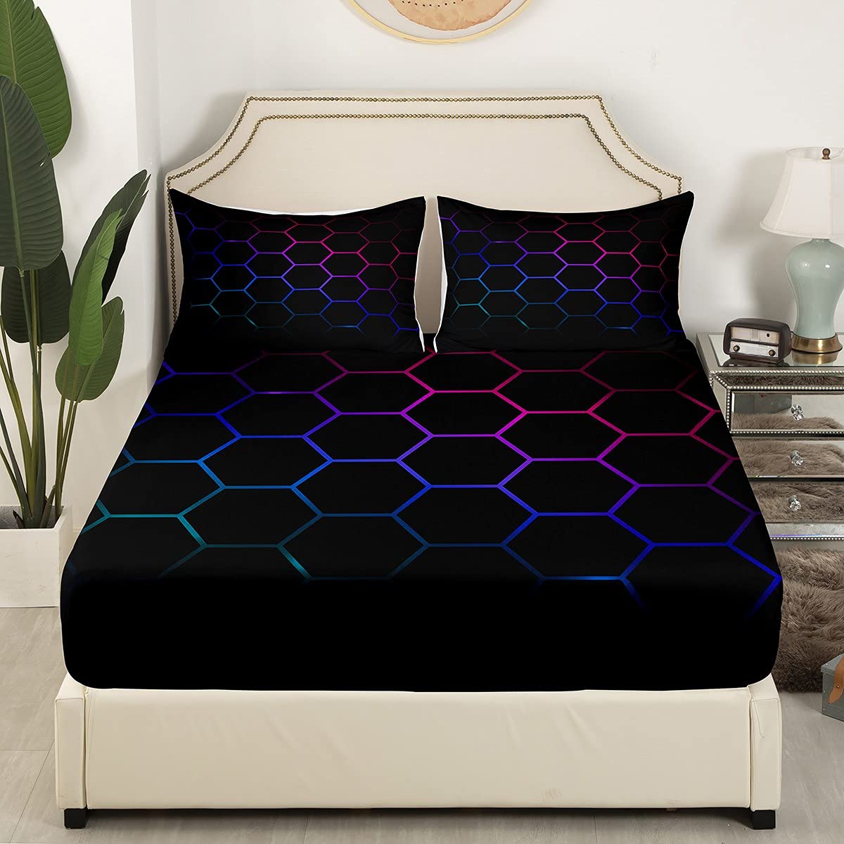 Hexagonal Bedding Sheets 3D Geometric Honeycomb Bed Sheet Set Kids Boys Girls Luxury Beehive Hexagon Bedding Fitted Sheet Neon Blue Purple Black Decor Bed Cover with 2 Pillowcases 3Pcs Bedding Queen