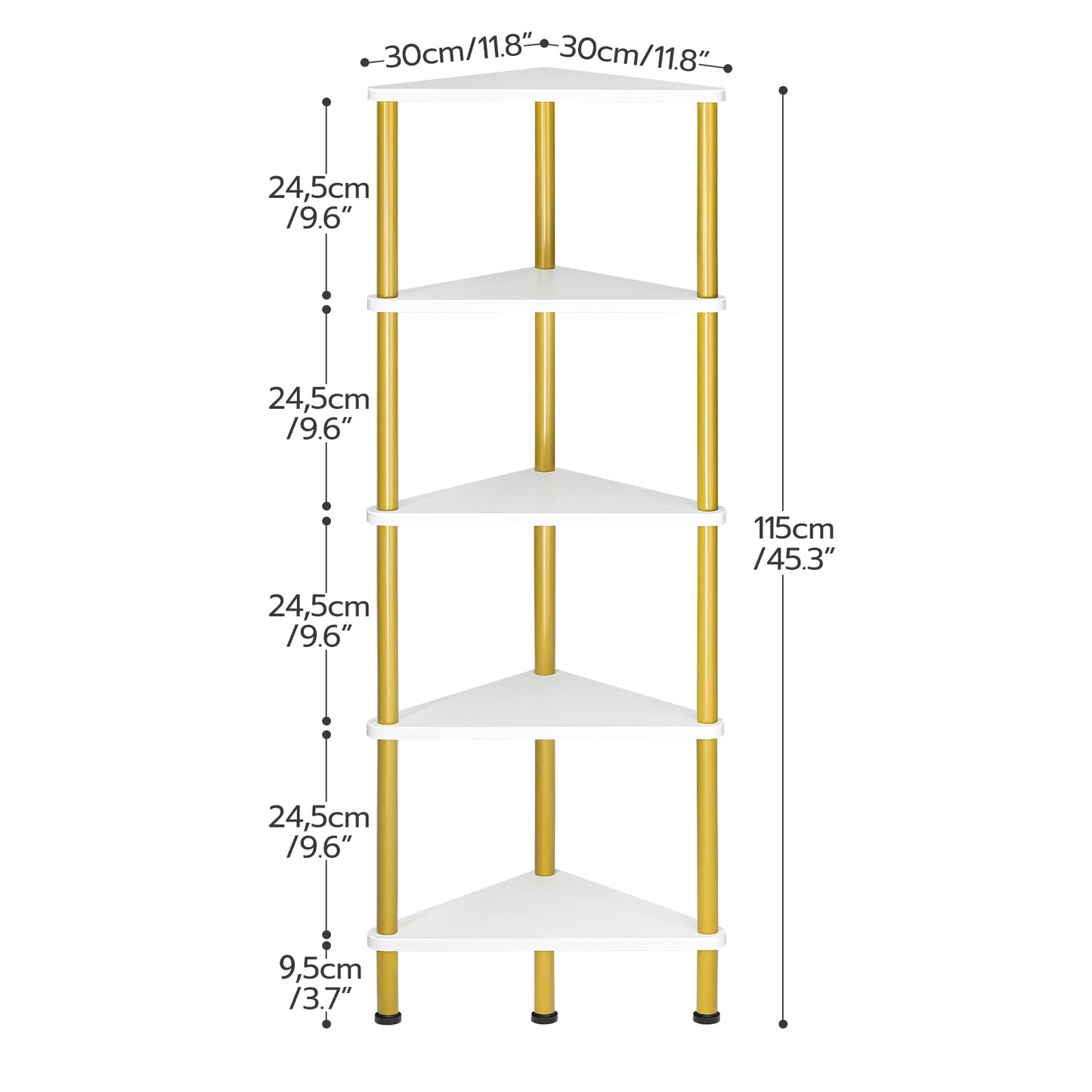 HOOBRO Corner Shelf Stand, Industrial 5-Tier Wall Corner Bookshelf with Metal Frame, Plant Display Shelf, Bookcase for Small Spaces, Bedroom, Living Room, White and Gold DW33CJ01