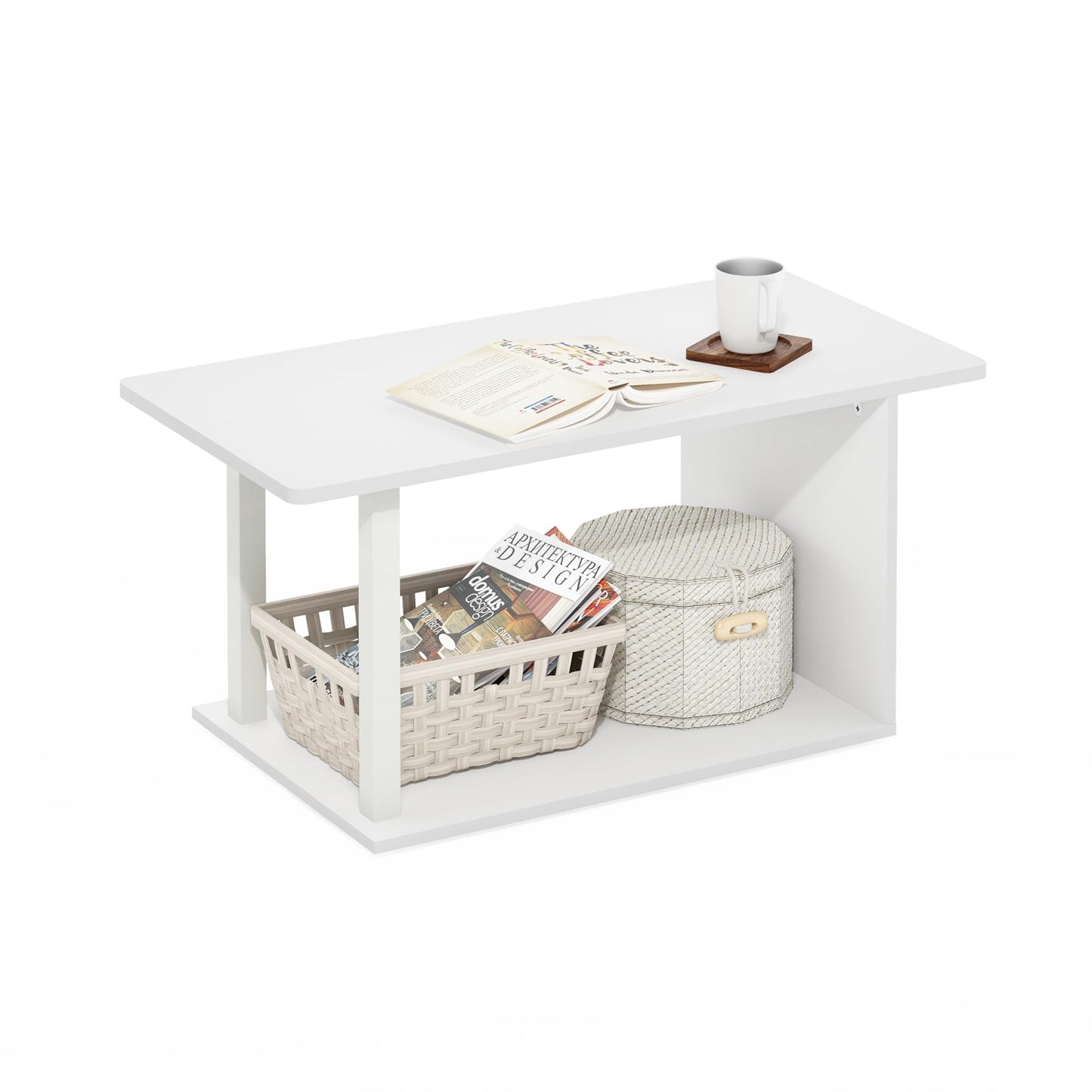 Furinno Basic Coffee Table, 2-Tier Modern Coffee Table with Open Shelf, Easy Assembly Side Table, for Living Room, Bedroom, Home Office, White