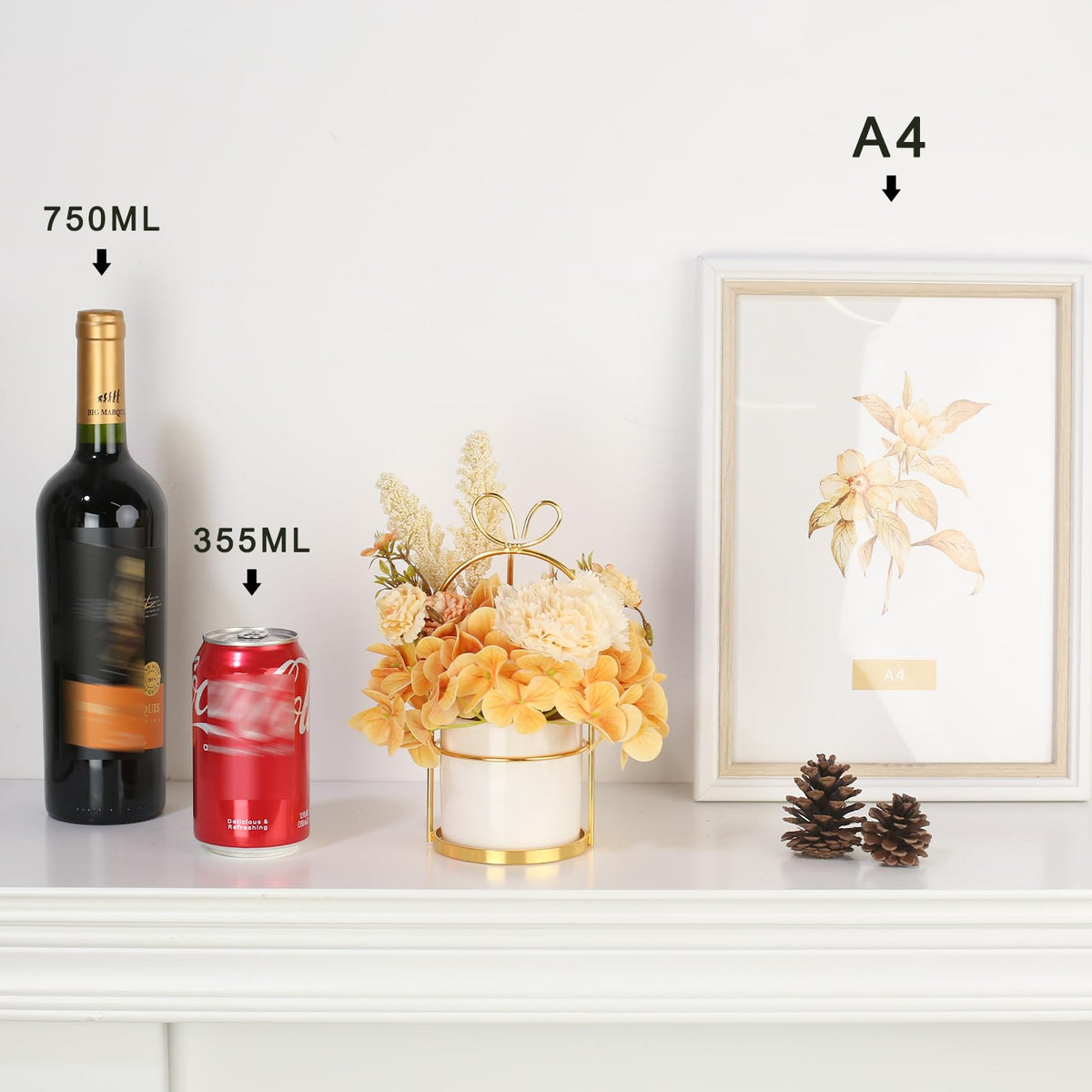 UBOSU Artificial Flower Arrangement with Vase, Champagne Hydrangea Carnation in White Ceramic Pot with Gold Stand, Small Centerpiece for Wedding Dining Room ﻿