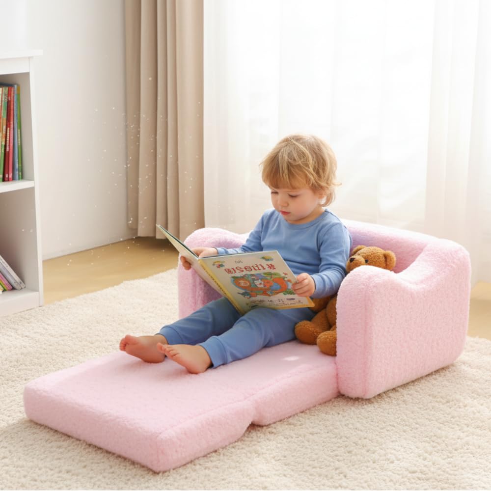 Toddler Couch 2-in-1 Flip Open Convertible Sherpa Kids Sofa Chair, Pink
