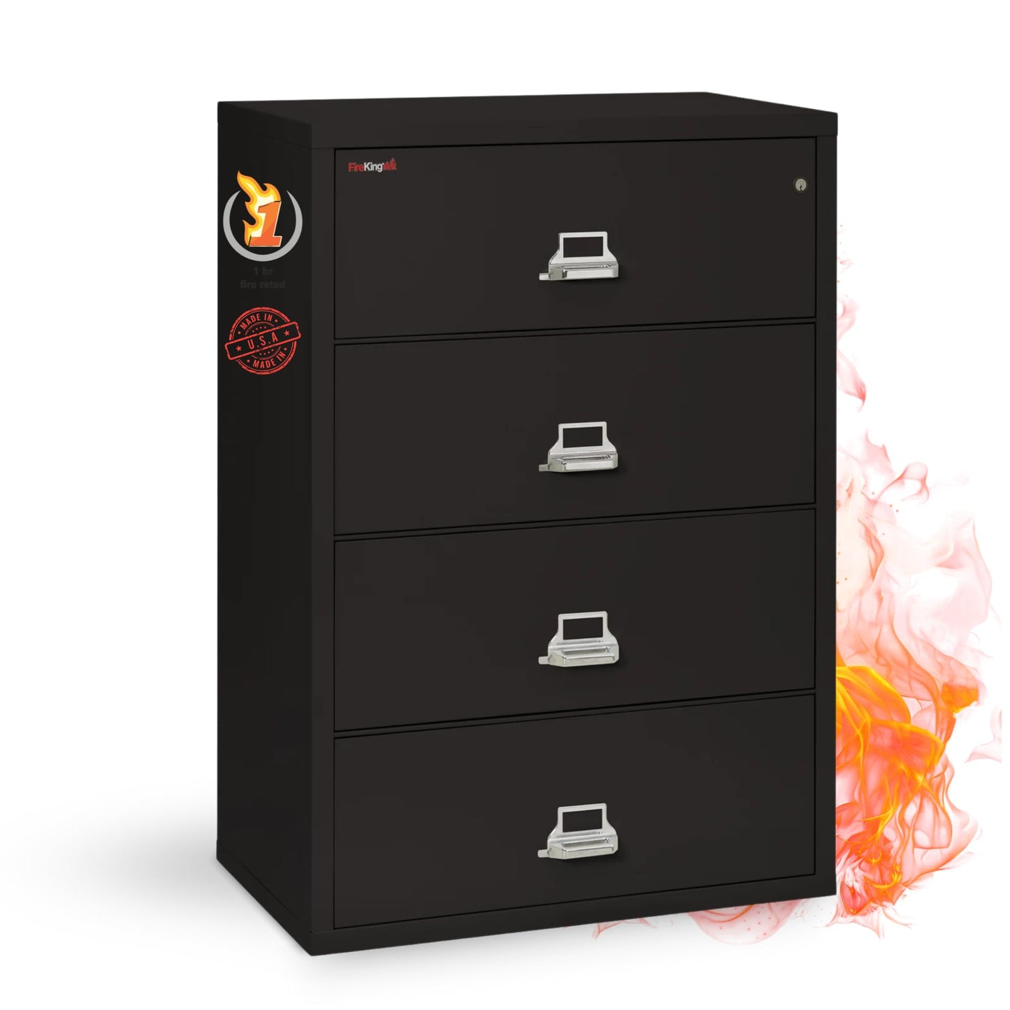 FireKing Fireproof Lateral File Cabinet (4 Drawers, Impact Resistant, Water Resistant), 38" W x 22" D, Black, Made in USA