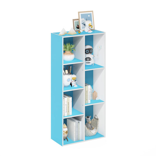 Furinno LUDER Book Shelf, 7-Cube Bookshelf, Bookcase with Open Shelves, 9.4 x 19.5 x 41.7, Easy Assembly, for Living Room, Bedroom, Home Office, White/Light Blue