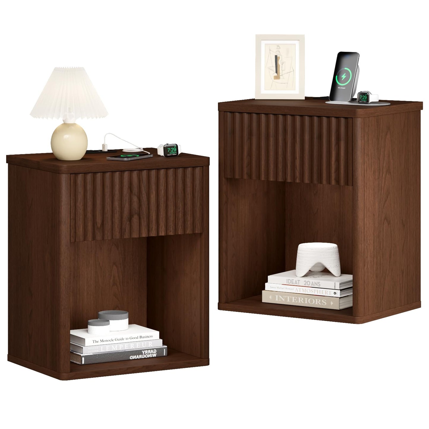 Fluted Nightstands Set of 2 w/Charging Station, Wooden End Table Bed Side Table with Curved Drawer, Mid Century Modern Fluted Night Stand with Rounded Edge for Bedroom, Living Room Sofa, Walnut