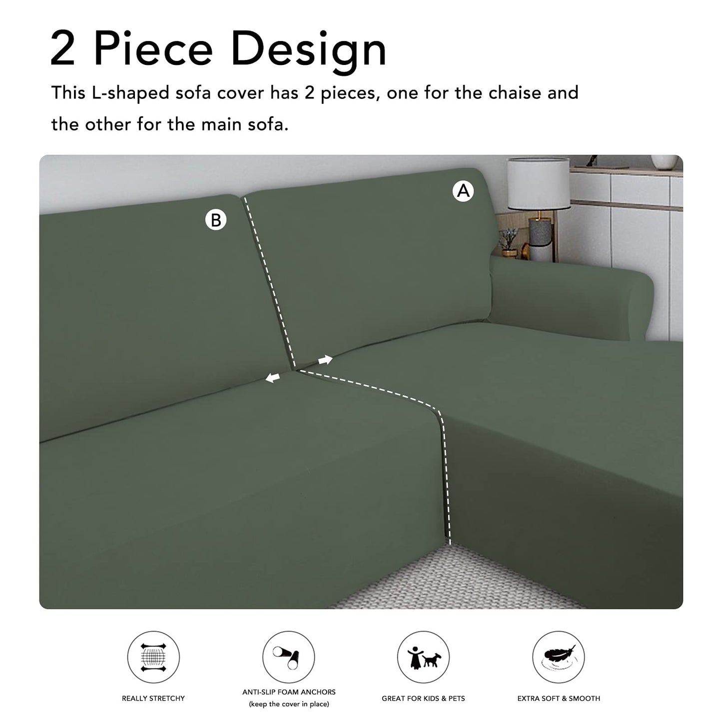 PureFit Super Stretch Sectional Couch Covers - 2 pcs Spandex Non Slip Sofa Covers with Elastic Bottom for L Shape Sectional Sofa, Great for Kids & Pets (3 Seat Sofa + 3 Seat Chaise, Greyish Green)