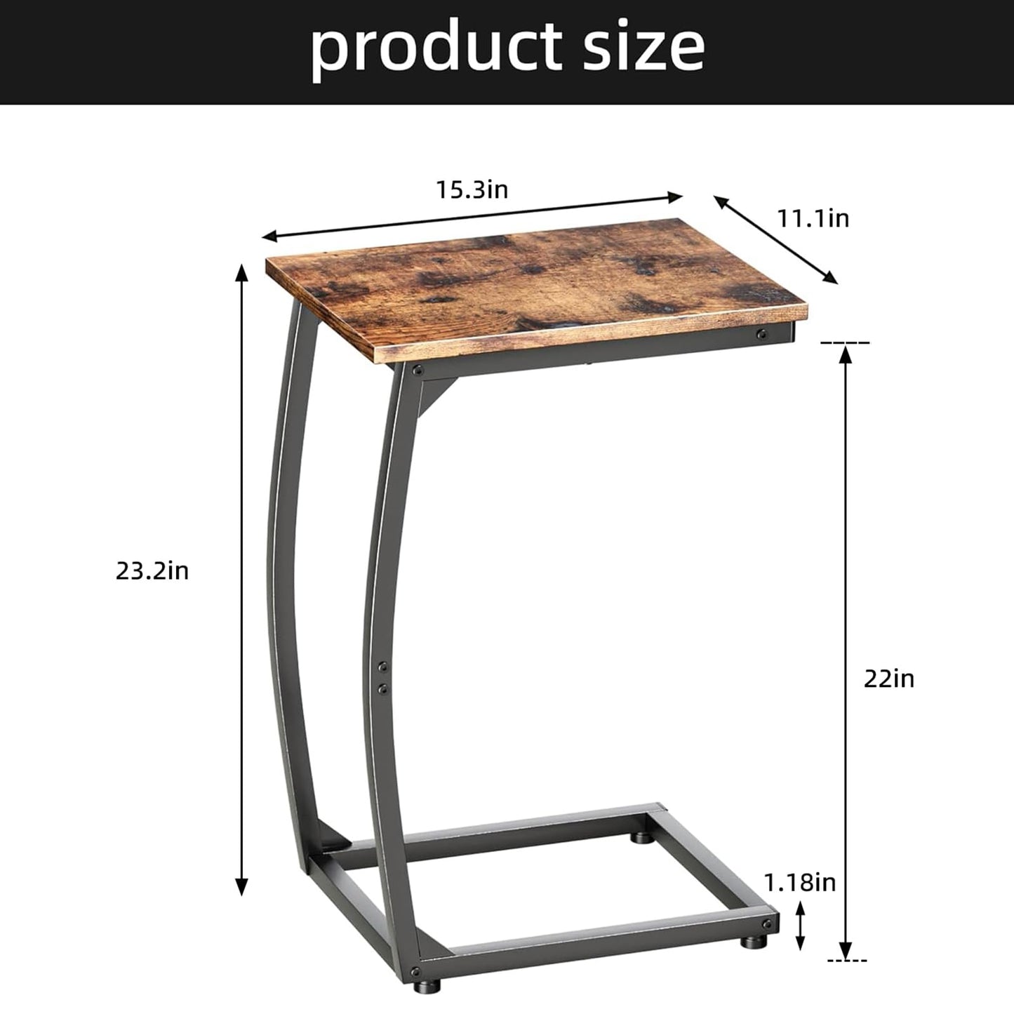 LAKEMID C-Shaped End-Table Set of 2 - Side Table for Couch,Curved Support Legs, Slide Under Couch Table for Sofa, TV Tray Table for Living Room Bedroom (Rustic Brown)
