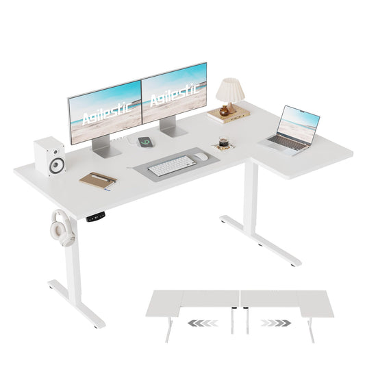 Agilestic 55 Inch Reversible L Shaped Standing Desk, Electric Height Adjustable Desk with Memory Preset, Sit Stand Up Computer Workstation for Home Office, Splice Board, White
