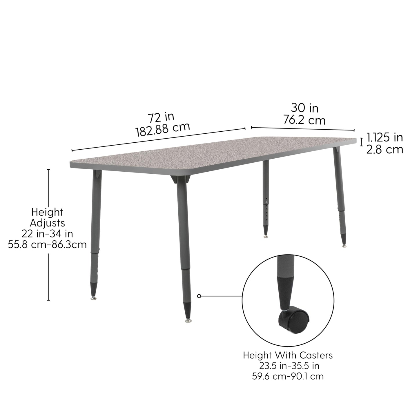 Adapte Commercial Classroom Activity Table - 30" x 72" Rectangle, ADA Compliant Tapered Legs with Glides & Casters, Adjustable Height 22-34" Wheelchair Accessible, School & Office Furniture