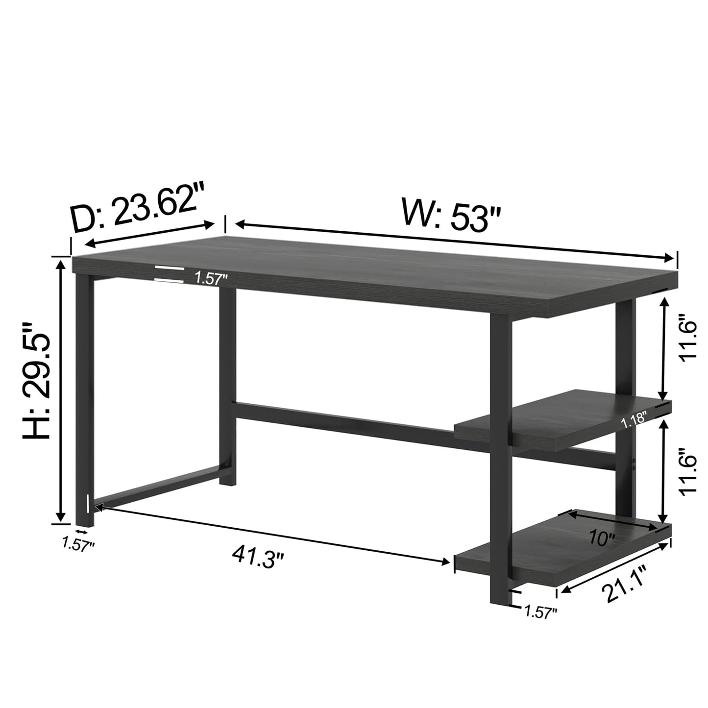 EXCEFUR Black Desk, Modern Computer Desk for Home Office, Metal Wood Writing Study Table Workstation with Storage Shelf for Living Room, Bedroom, 53 Inch