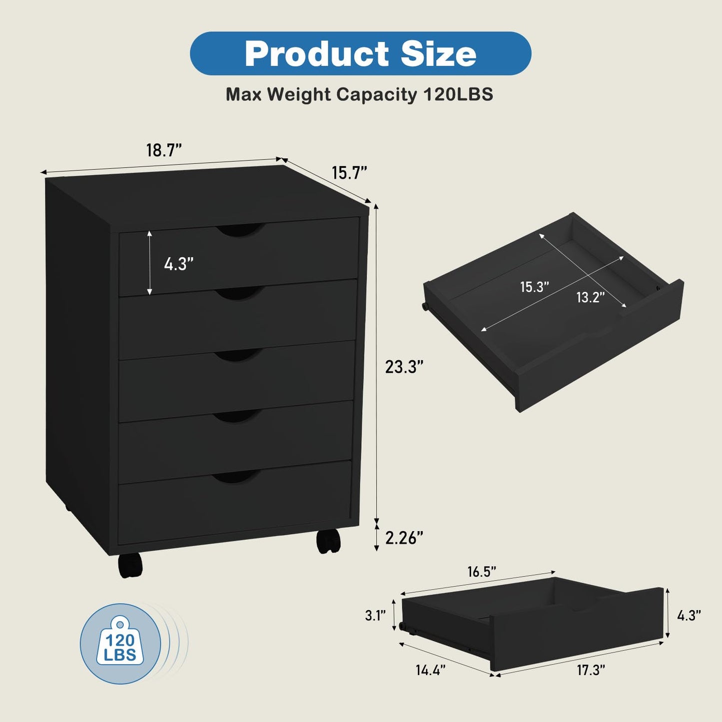 OLIXIS 5 Drawer Mobile File Cabinet Under Desk Storage Organization with Wheels Vertical Filing Chest Rolling Wood Small Desk Printer Stand for Home Office, 15.75"D x 18.74"W x 25.39"H, Black