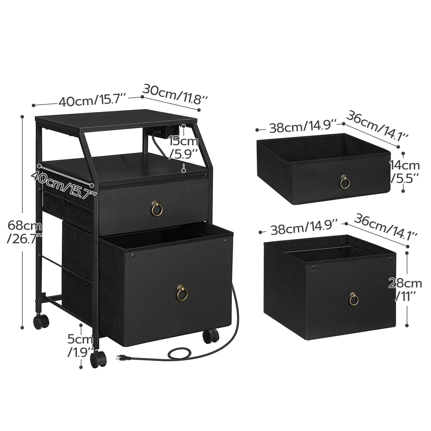 HOOBRO 2-Drawer Mobile File Cabinet, Filing Cabinet with Charging Station, Rolling Printer Stand with Open Storage Shelf, fits A4/Letter-Size for Home Office, Nonwovens Drawer, Black BB10UWJ01