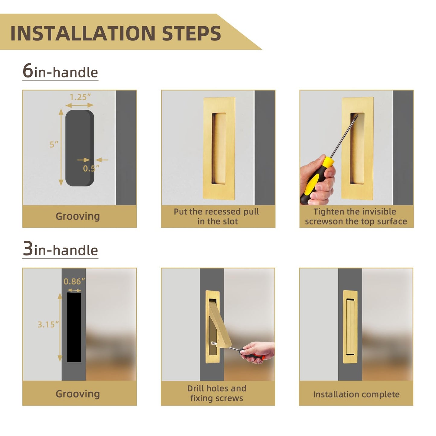 senharvest Pocket Door Handles and Edge Pull Brushed Brass, 6Inch Handles Hardware Latch,Recessed Finger Flush Pulls,for Closet,Sliding,Barn Door