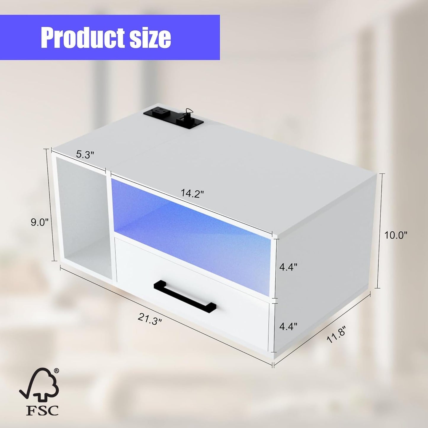 Homaterial Floating Nightstand with Charging Station and LED Lights, Floating Bedside Table with Drawers Wall Mounted Nightstands,for Bedroom Room, 21.3" x 11.8" x 10",White