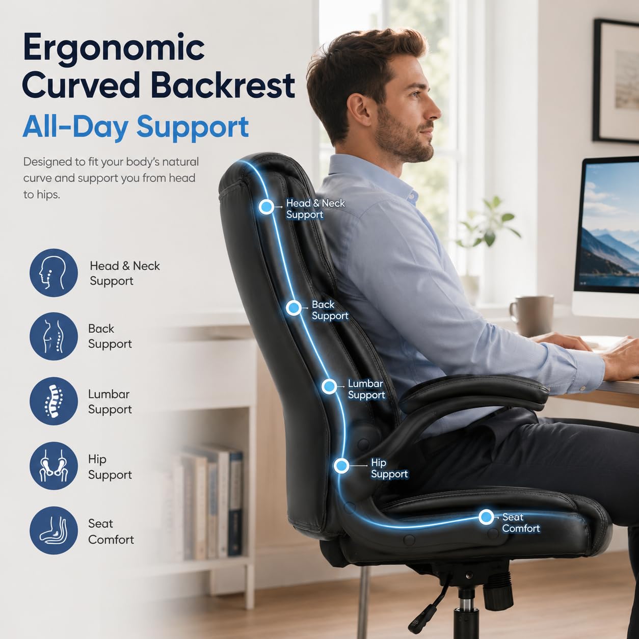 Ergonomic PU Leather Office Chair - Executive Computer Desk Chair with Lumbar Support & Wide Seat, Adjustable Height Task Chair with 360° Swivel & Quiet Wheels for Home Office, Gaming, Black