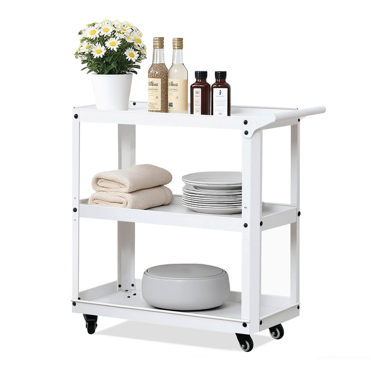 XCX 3 Tier Metal Utility Rolling Cart with Wheels, Heavy Duty Storage Organizer Trolley Cart for Kitchen, Bathroom, Office, Bedroom – Multi-Purpose 330Lbs Capacity Utility Cart on Wheels, White