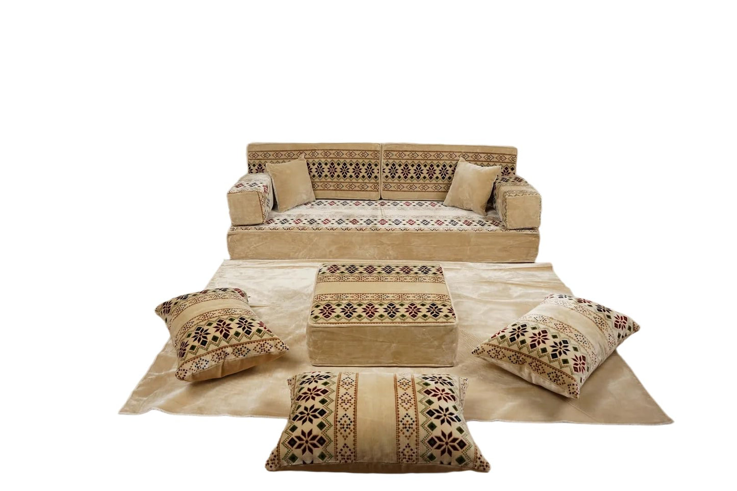 arabicsofa White Modular Diwan Sectional Seating – Arabic Jalsa Sofa Set with Cushions, Handmade Lounge Sofa for Living Room (Royal White Ethnic, 8'' Single Full Set)