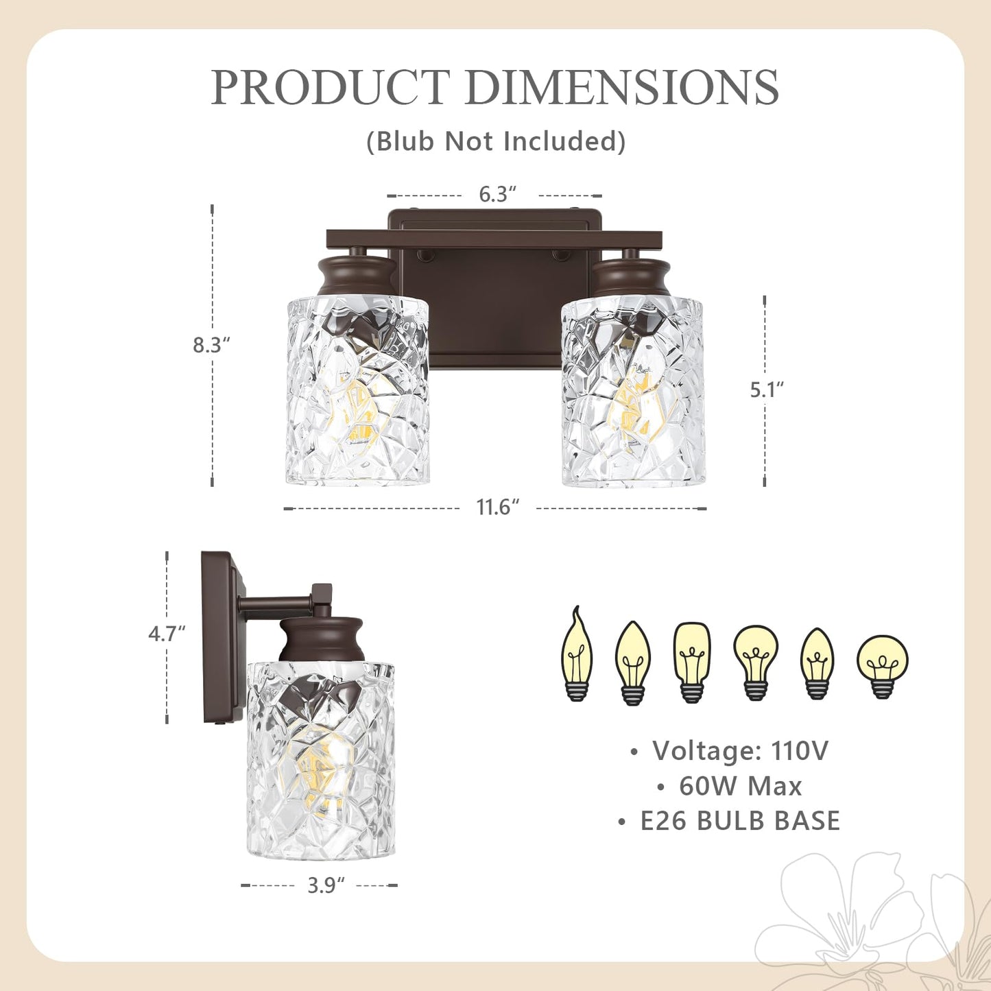 ElilyGiA 2 Light Vanity Light Oil Rubbed Bronze Bathroom Light Fixture with Geometric Crackled Glass Farmhouse Bathroom Lighting for Living Room Bedroom Dressing Table Over Mirror